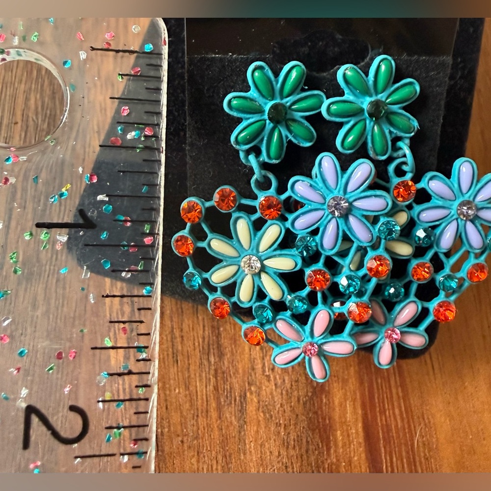 Floral Multicolor Statement Earrings Pierced Rhin… - image 2